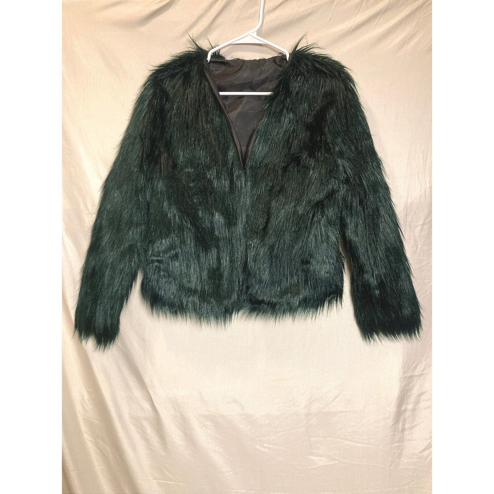 M Forest Green Faux Fur Shaggy Open Front Clasp Jacket